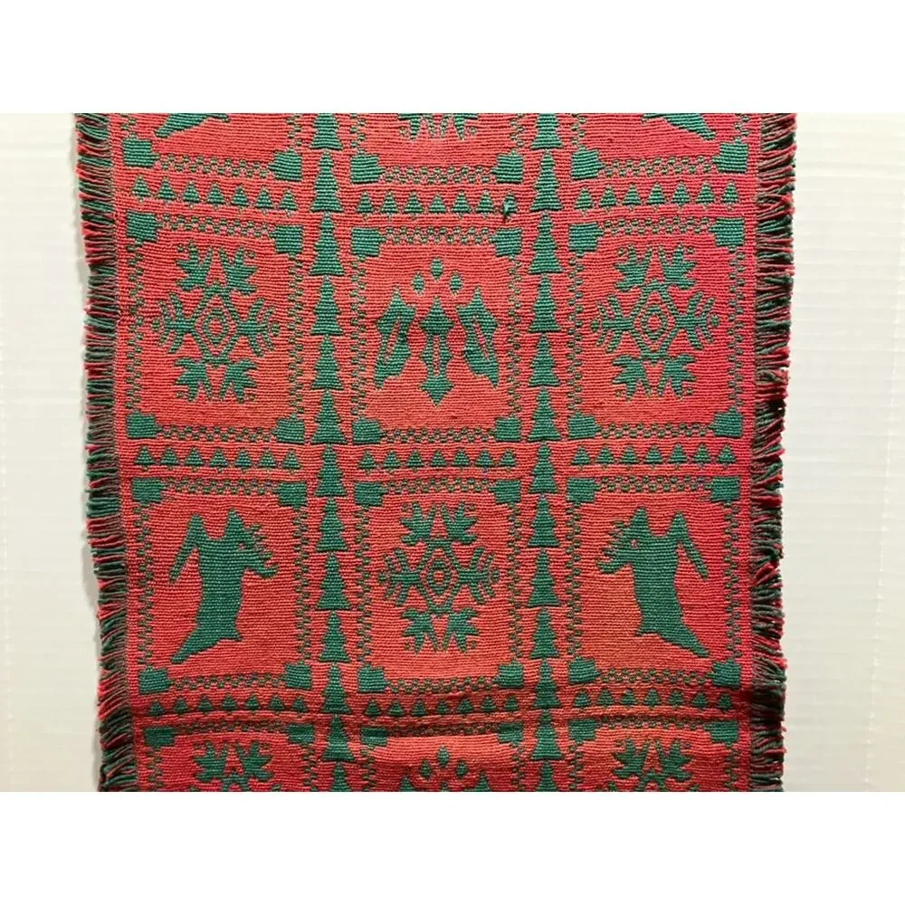 Christmas Tapestry Red Green Woven Table Runner 15x70 Reindeer Snowflake Vintage